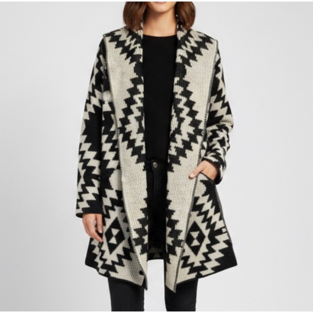 ELAN Super Soft OPEN SWEATER CARDIGAN HOODIE Brown/Cream Aztec Wool Blend SIZE S